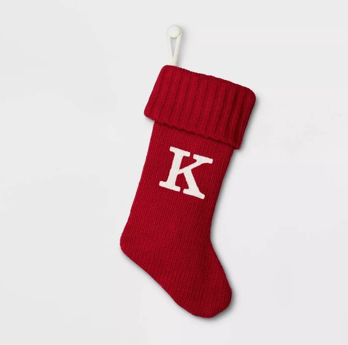 Red monogram stocking with white &quot;K&quot; on it
