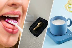 person scrubbing their tongue, key in rock holder, mug in mug warmer