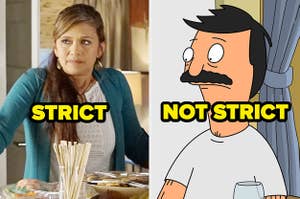 Emily's mom from "Pretty Little Liars" and Bob from "Bob's Burgers" labeled "strict" and "not strict"