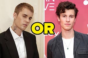 Justine Bieber is on the left with "or" written in the center and Shawn Mendes posing on the right