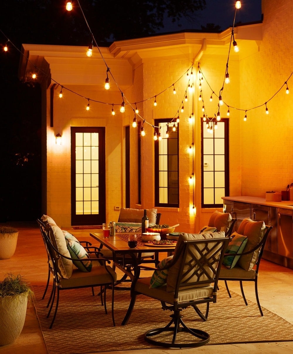 the lights hung on a patio