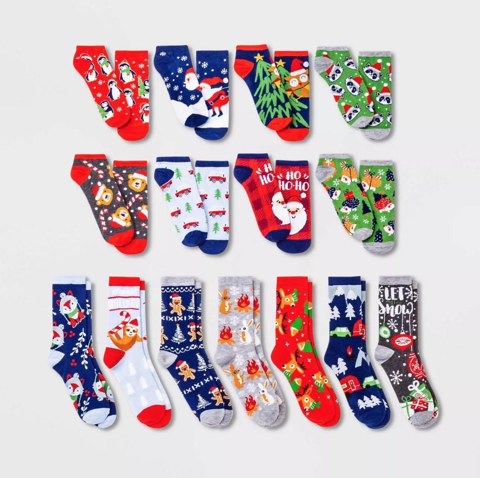 Different color assorted socks in advent calendar