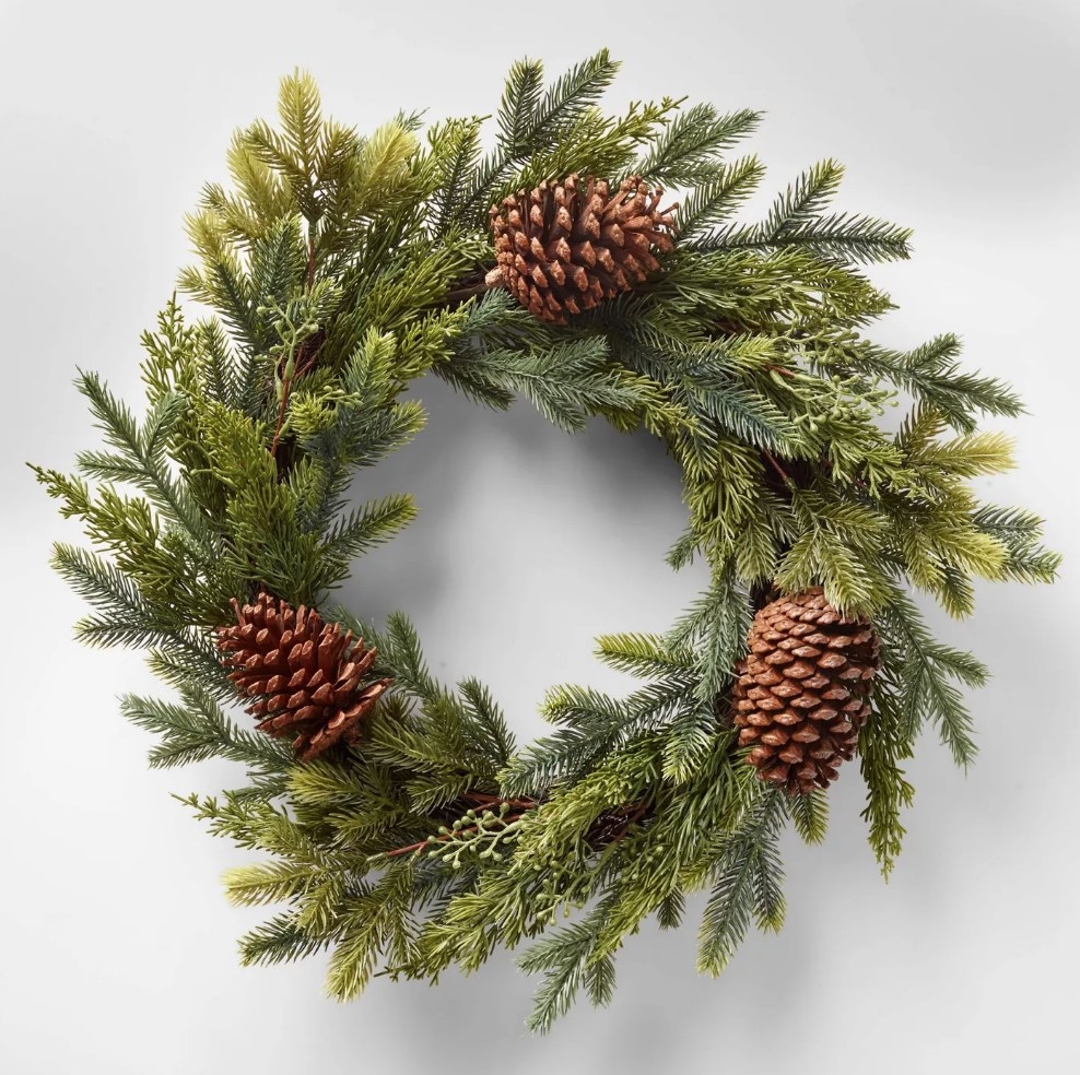 Green wreath with pinecones