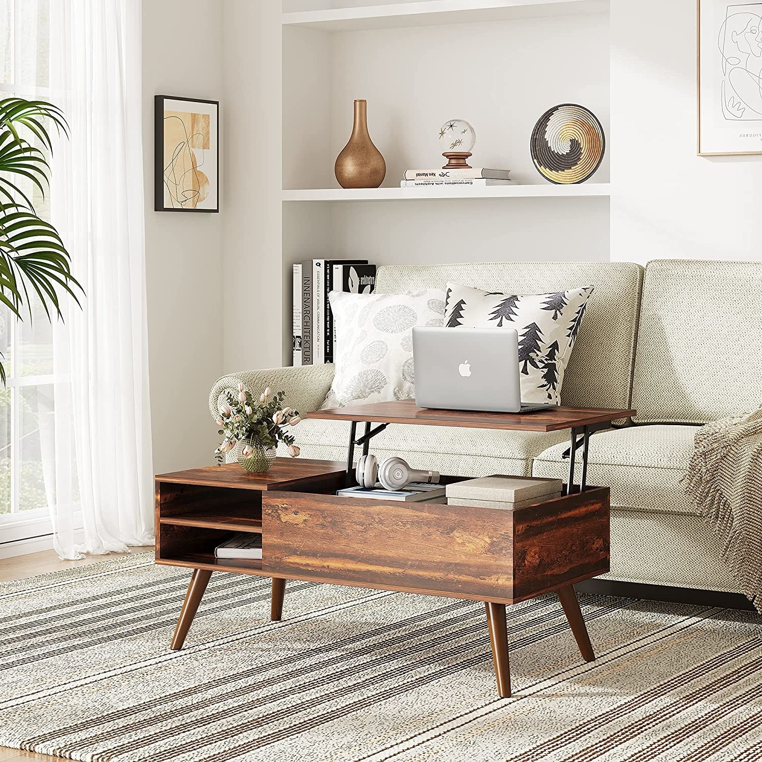 the brown wooden coffee table, which has open shelving on one side