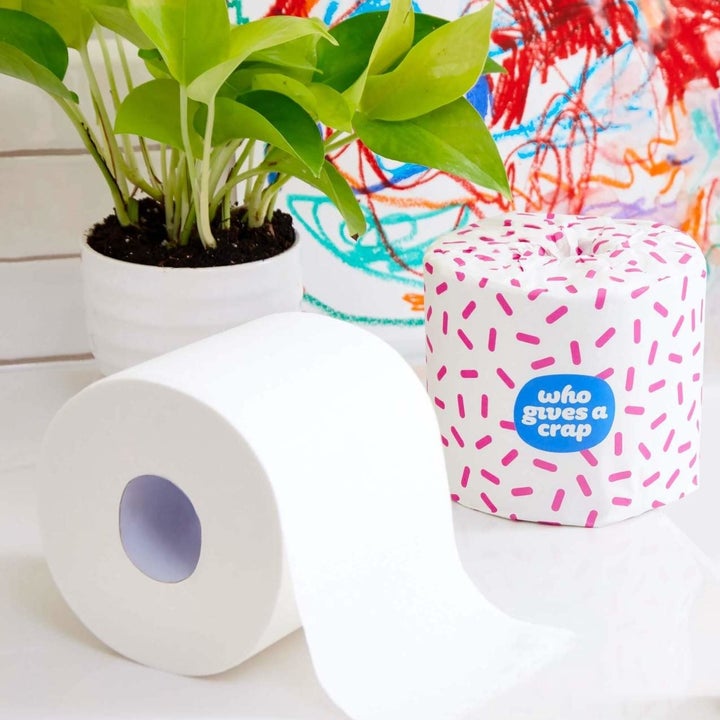 a roll of toilet paper next to another roll wrapped in printed paper