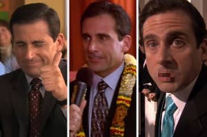 Michael holding his thumb up in "The Office"/Michael with a microphone at Diwali in "The Office"/Michael talking to the camera in "The Office"