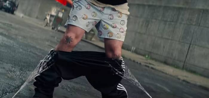 Alexei with pants pulled down by Spider-Man&#x27;s webs, revealing underwear with rhinos on it, in &quot;The Amazing Spider-Man 2&quot;