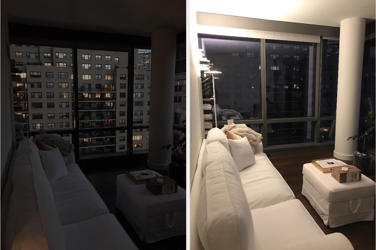 A reviewer&#x27;s before and after of their living room - on the left, the room is dark with the lamp off, and on the right, the room is lit up with the lamp at full strength