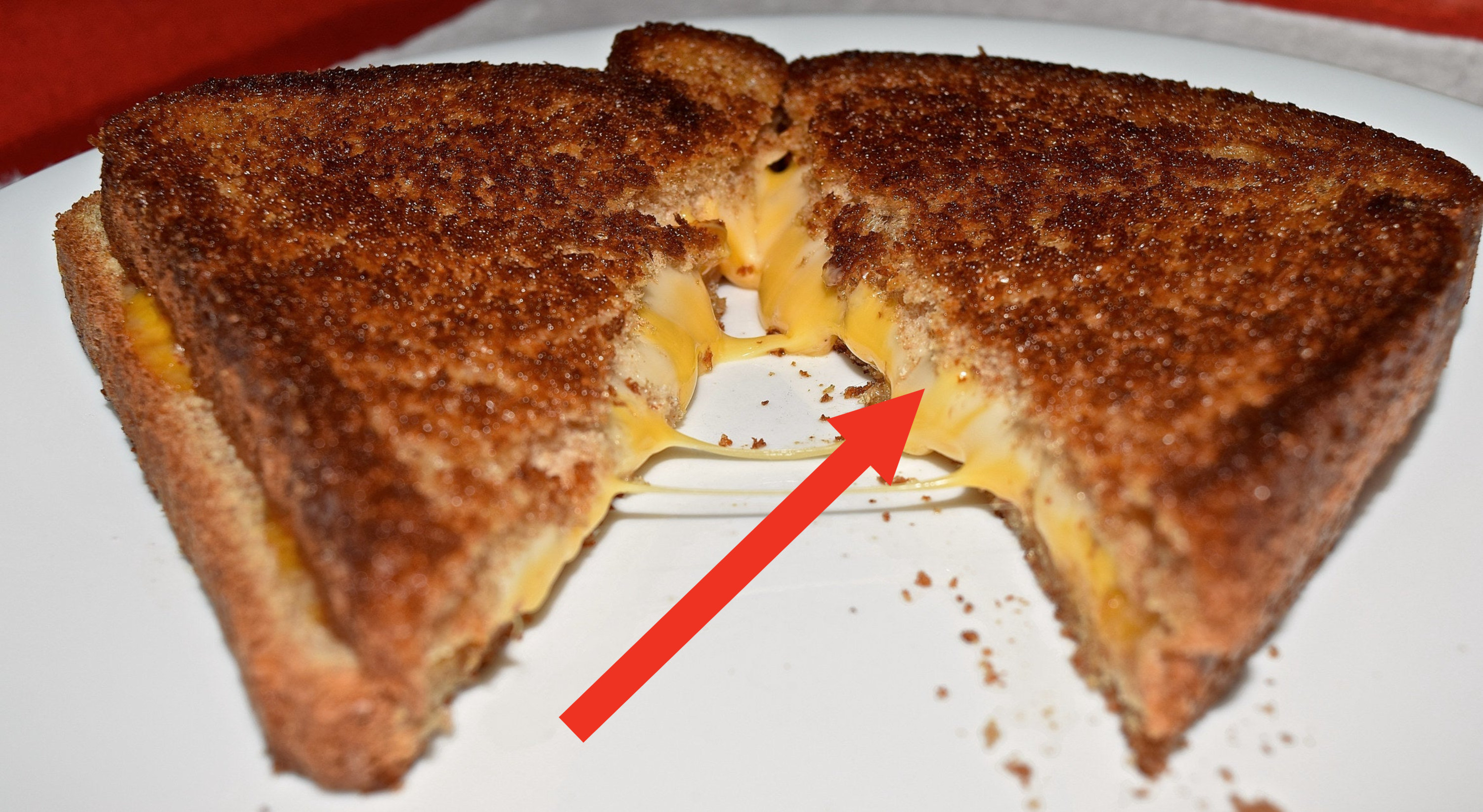A grilled cheese sandwich sliced in half.
