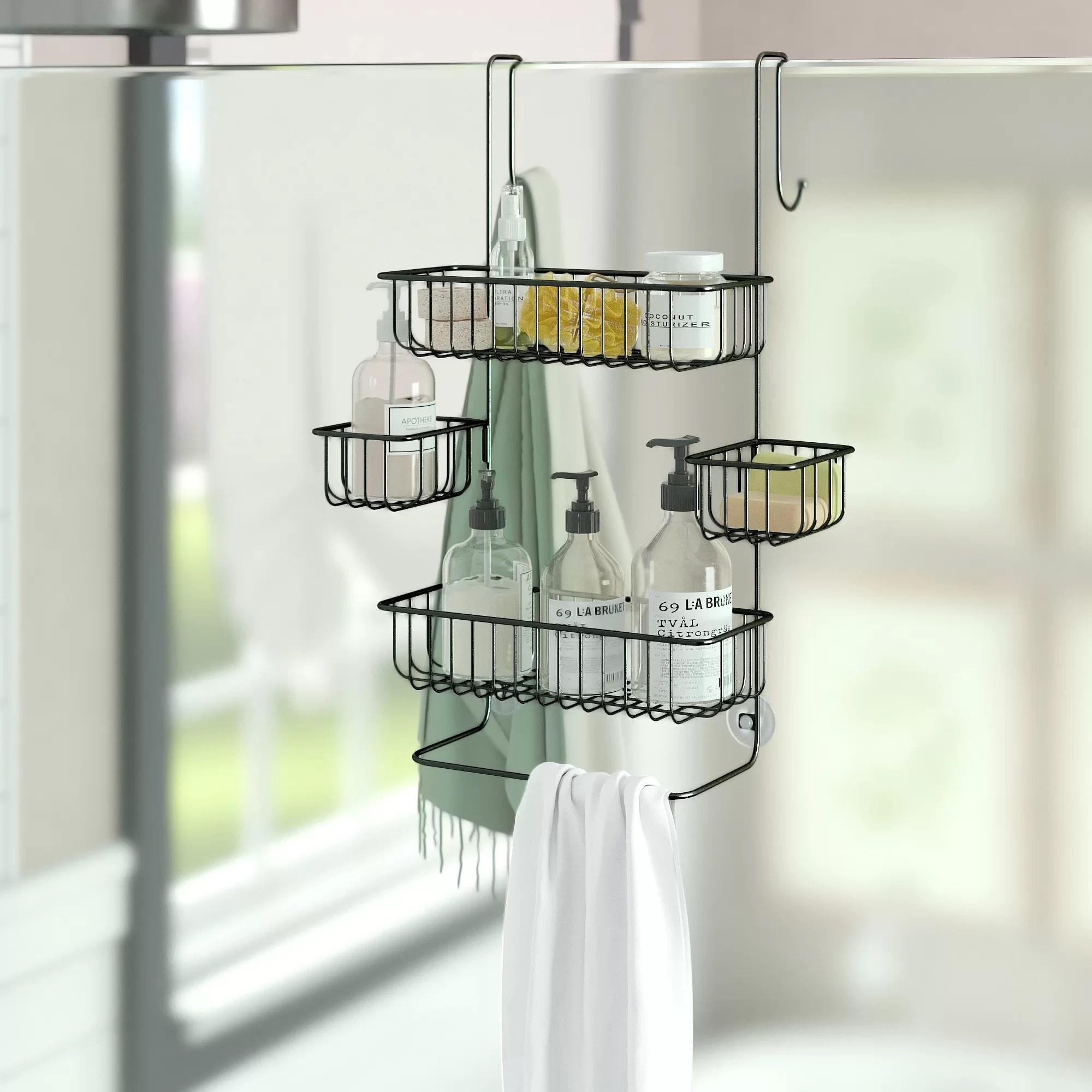 a hanging shower caddy
