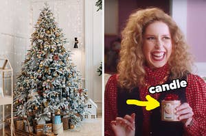 On the left, a frosted Christmas tree with presents underneath it, and on the right, Vanessa Bayer holding a candle with a bow on it in an SNL sketch with an arrow pointing to the candle