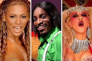 Beyonce, Andre, and Gwen Stefani are singing in a split thumb