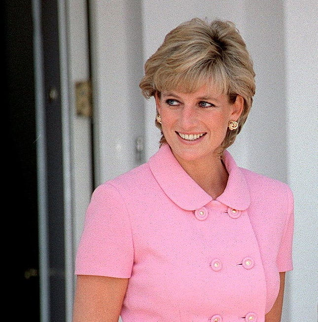 Photo of Princess Diana in a pink suit in 1996