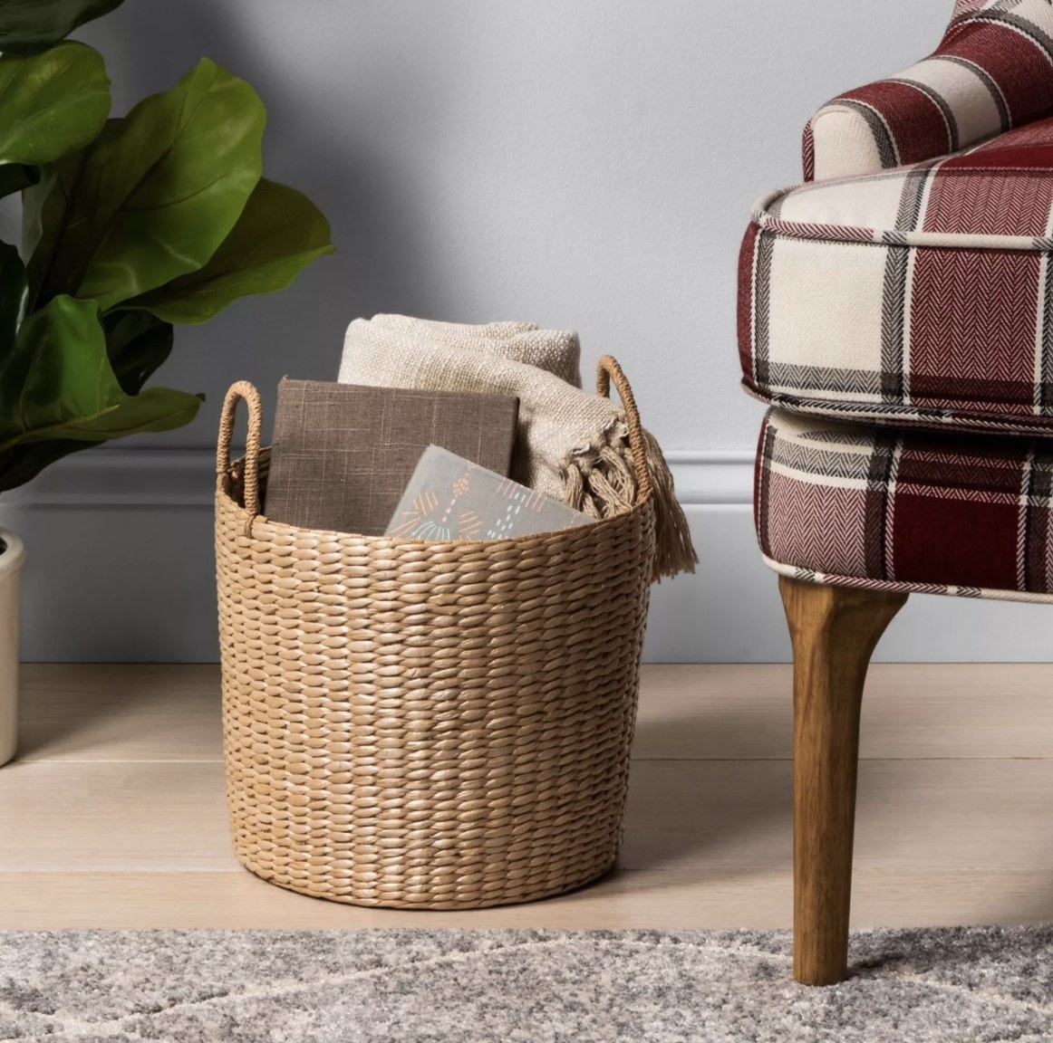 wicker basket with blanket