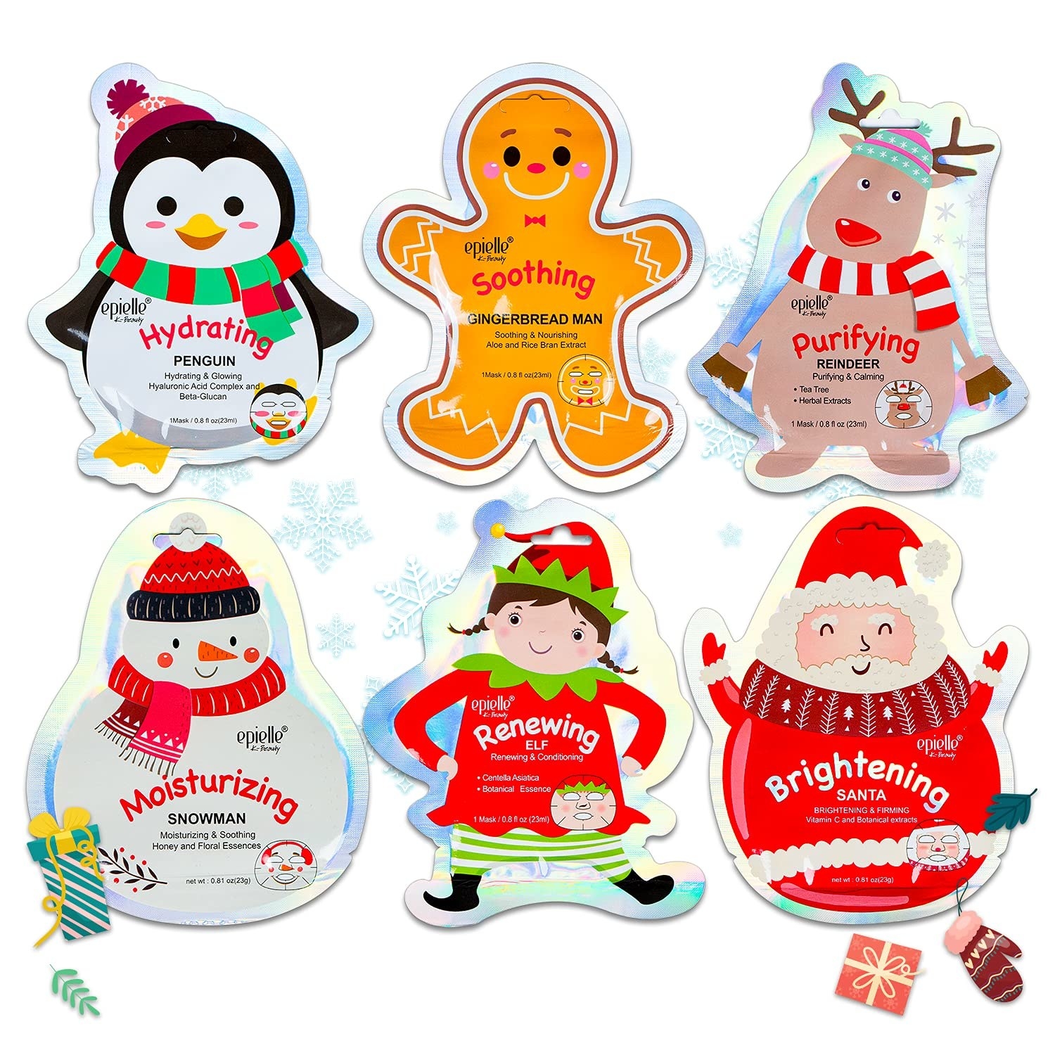 The penguin, gingerbread man, reindeer, snowman, elf, and santa masks