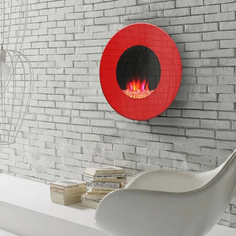 Red circular fireplace mounted on the wall
