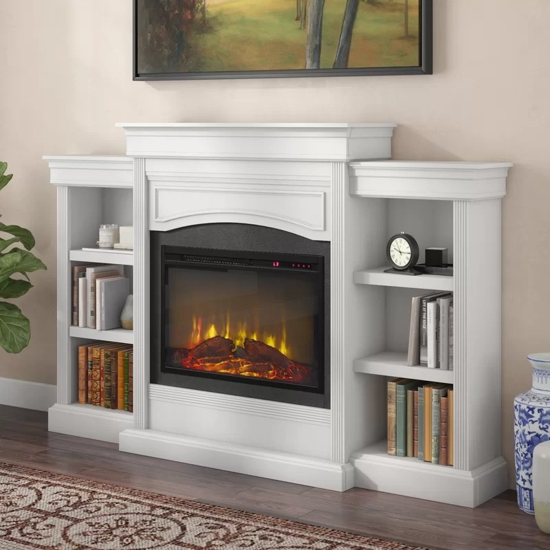 A six-shelf electric fireplace with a two-tiered mantel in white