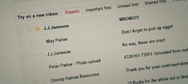 A list of Peter&#x27;s emails, include two from J. Jonah Jameson and one from Aunt May, in &quot;The Amazing Spider-Man 2&quot;