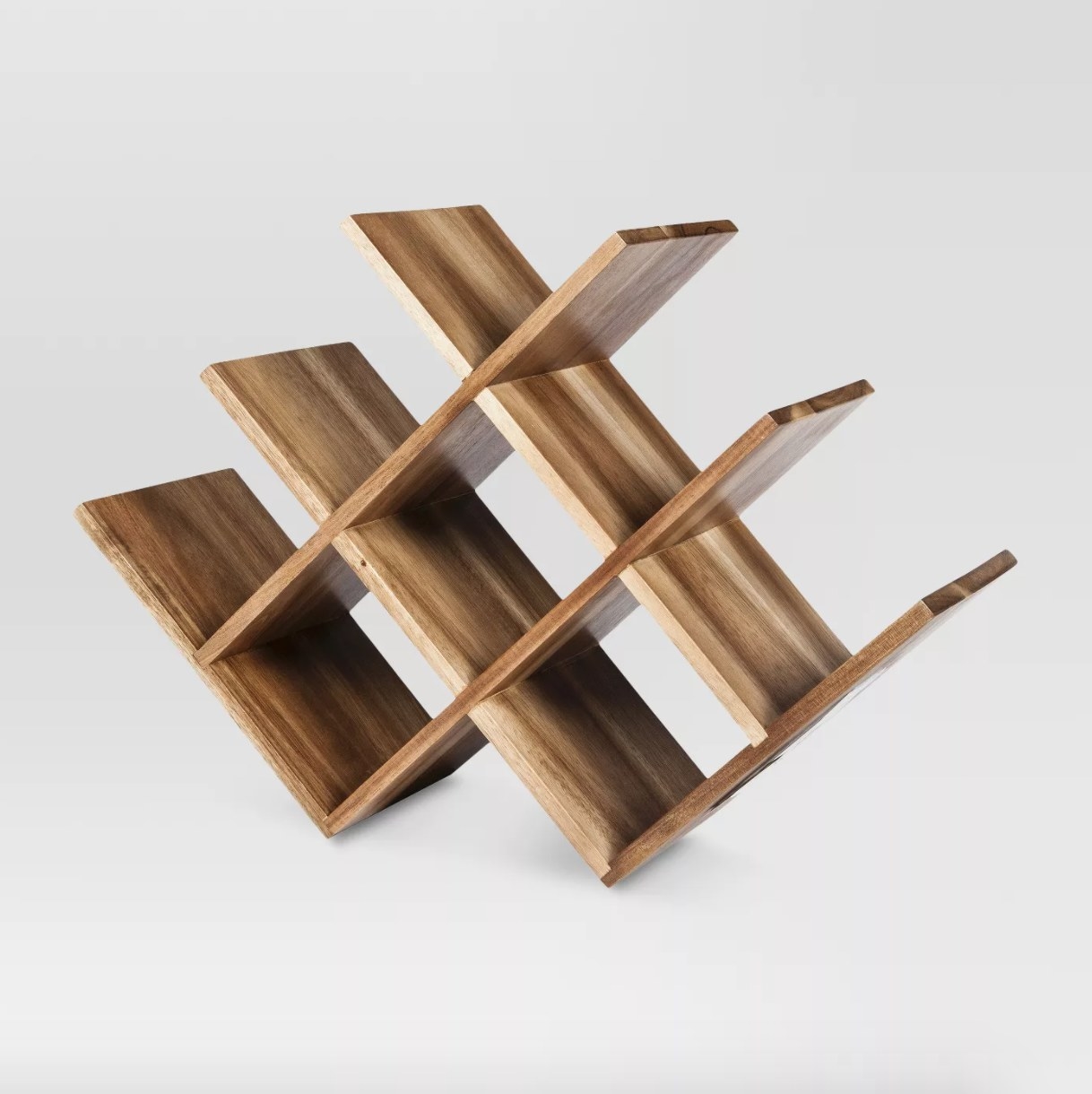 wooden wine rack with diagonal spaces for 8 wine bottles