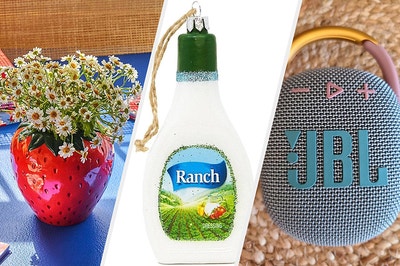 a strawberry vase a ranch ornament and a mini portable bluetooth speaker 
