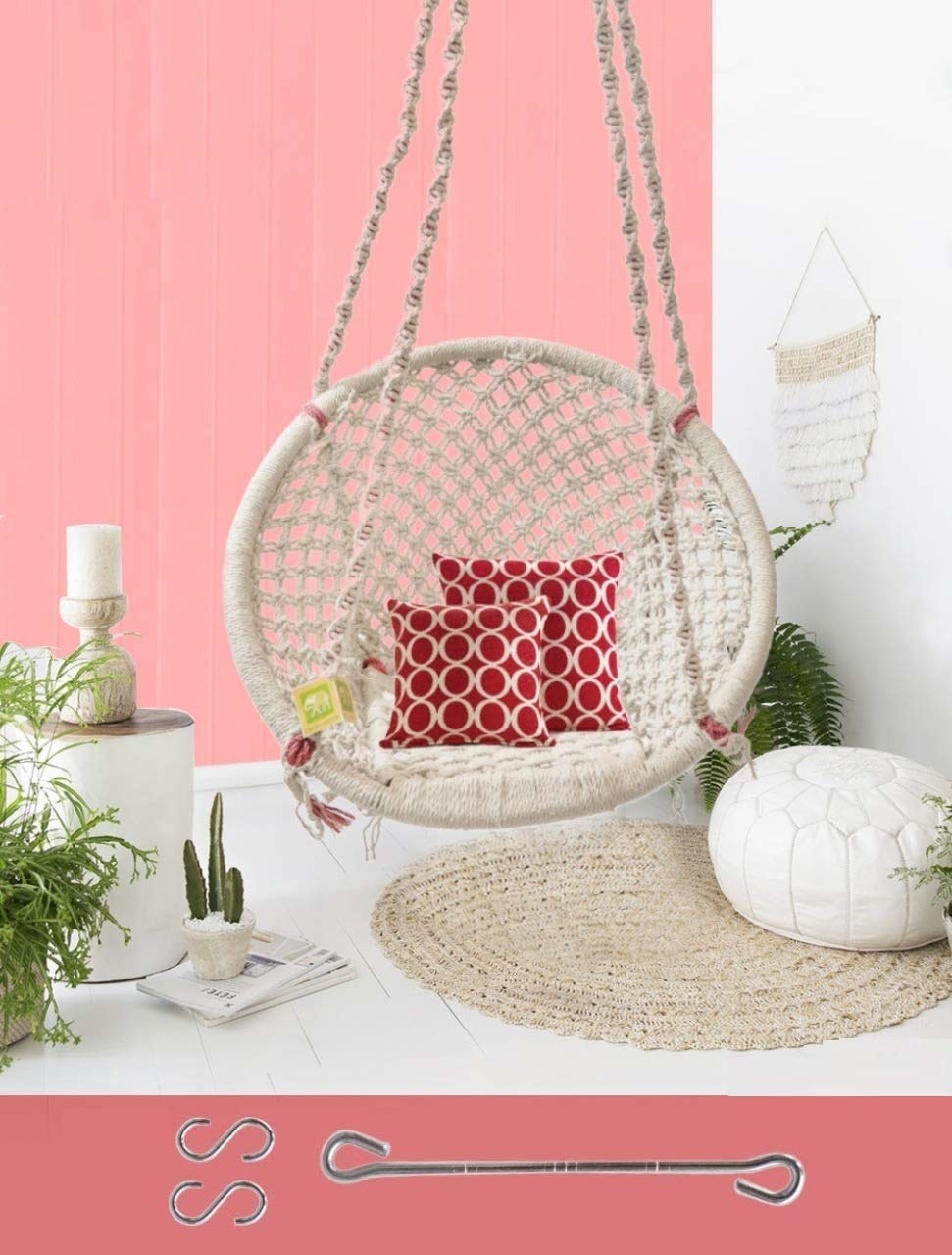A swing chair next to a rug