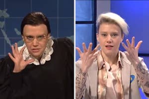 Kate McKinnon as Ruth Bader Ginsburg on Weekend Update in "Saturday Night Live"/Kate McKinnon dressed as Justin Bieber on "Family Feud" in "Saturday Night Live"