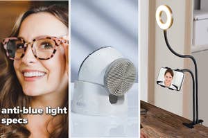 Anti-blue light glasses, an electric facial brush, and a ring light phone stand 