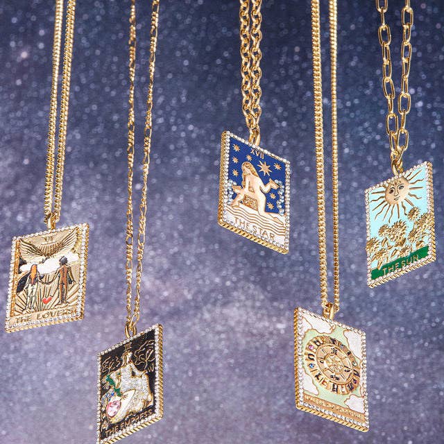 five gold square tarot card necklaces
