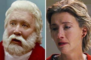 On the left, Tim Allen as Santa in The Santa Clause, and on the right, Emma Thompson crying as Karen in Love Actually