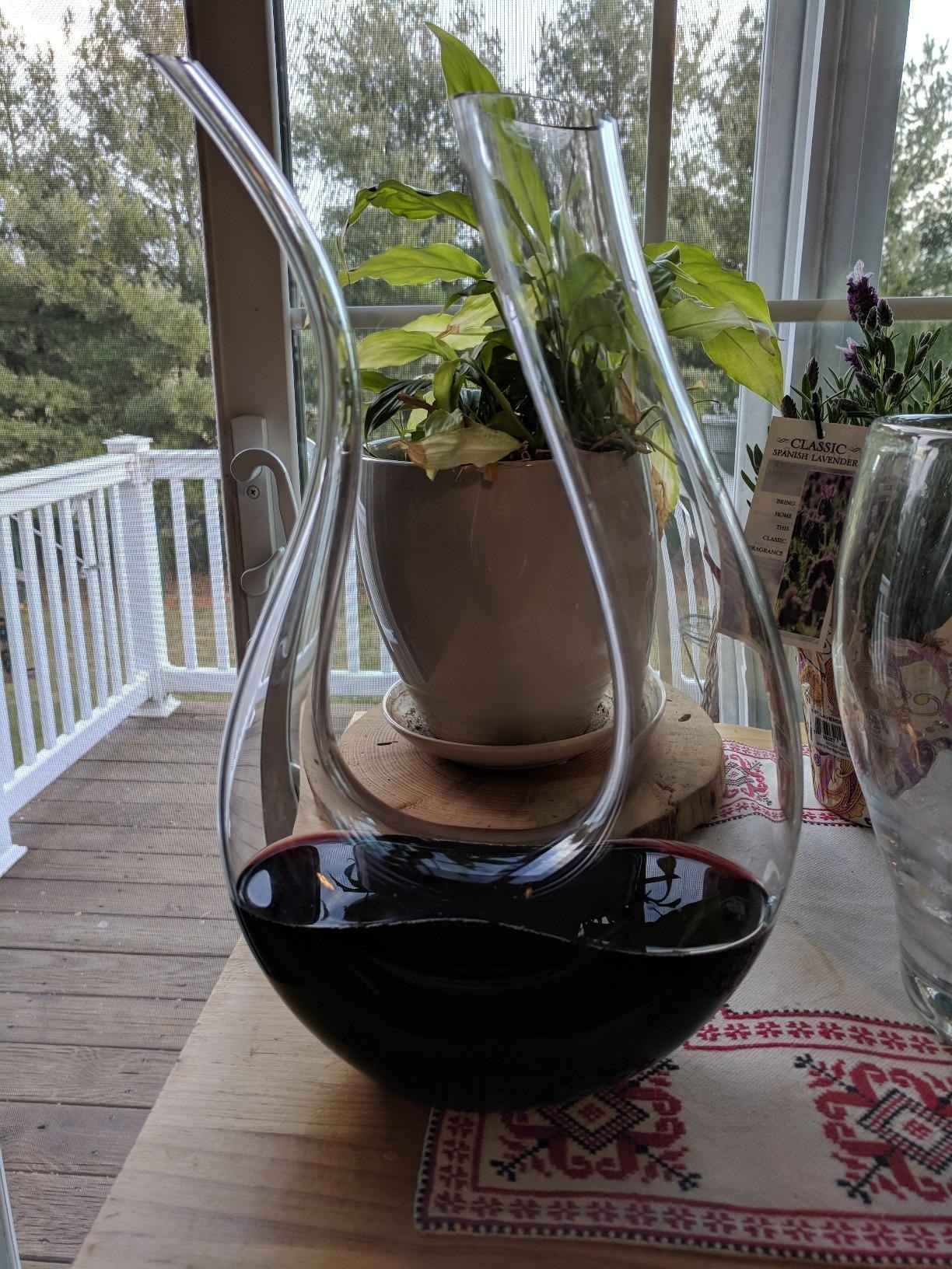 reviewer image of a u-shaped glass decantor with wide opening on one side and a smaller spout opening on the other, with wine settled at the bottom