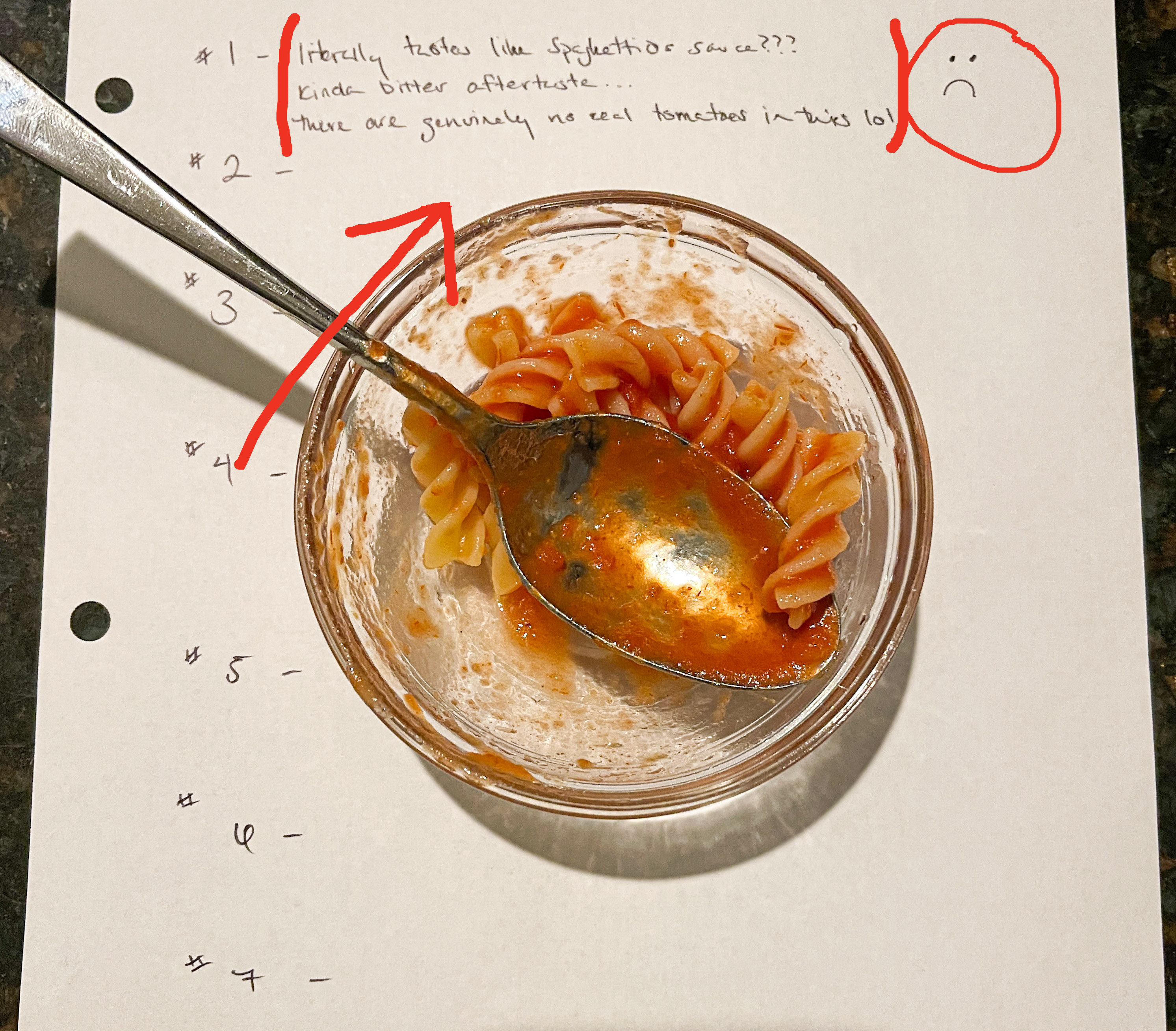 Small bowl of sauced pasta on top of a piece of paper with notes: &quot;#1: literally tastes like SpaghettiOs sauce??? kinda bitter aftertaste...there are genuinely no real tomatoes in this lol&quot; and a frown face drawn next to it