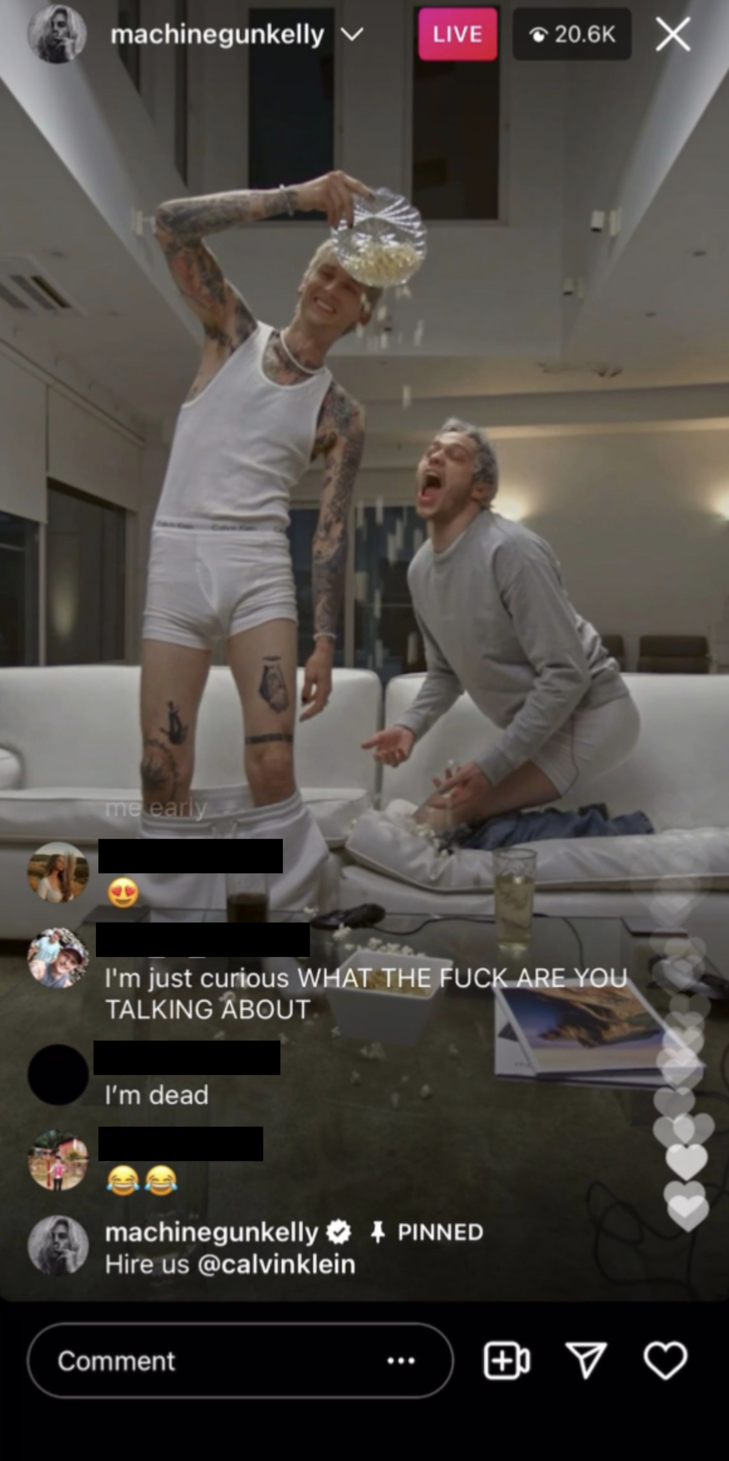 The two friends, only in their Calvin Klein underwear, goofing around in a living room as MGK pours popcorn out of a bowl into Pete&#x27;s mouth