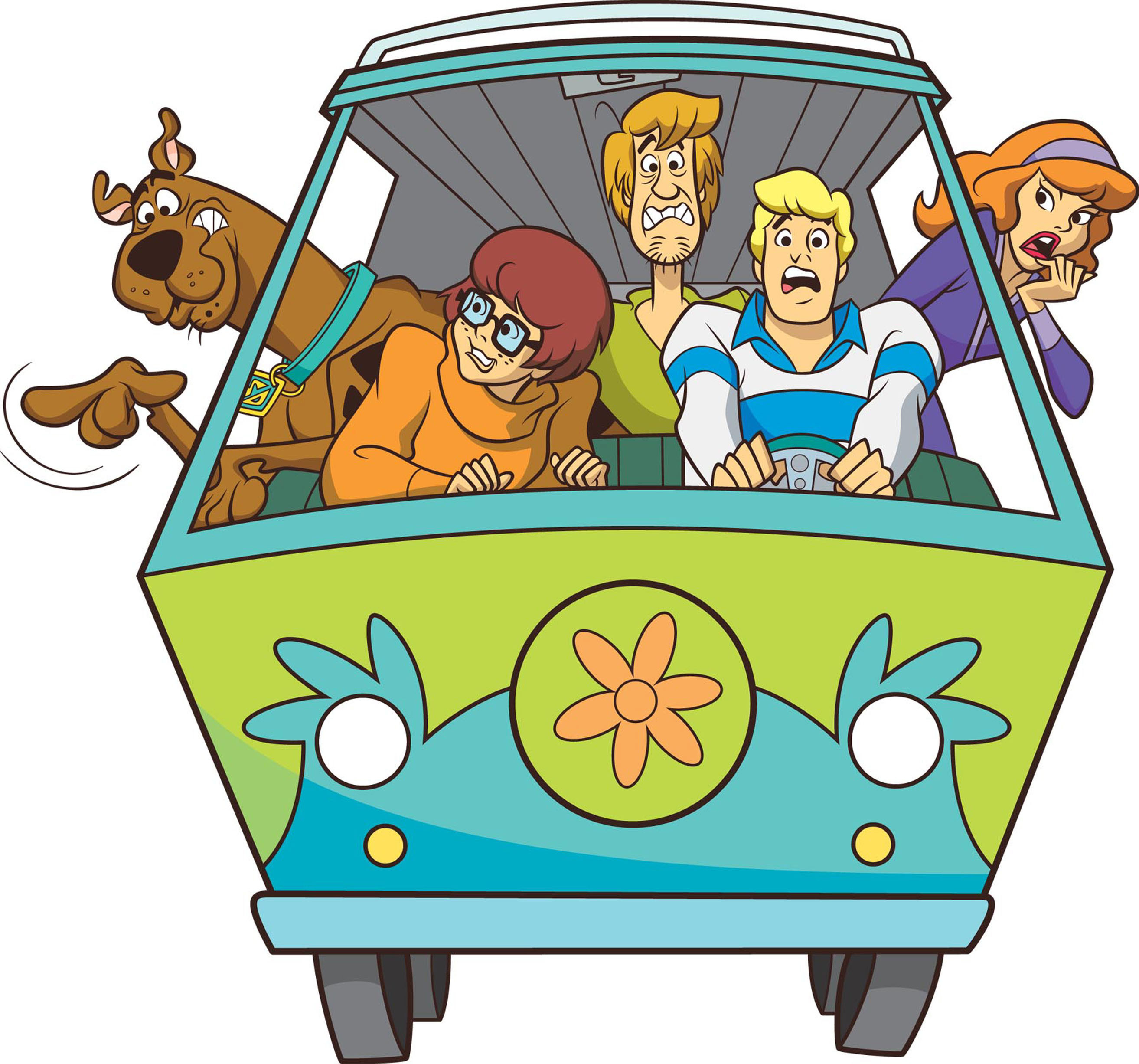 (Clockwise) Scooby-Doo, Shaggy, Daphne, Velma and Fred of Mystery Inc. in their Mystery machine vehicle for a &quot;What&#x27;s New, Scooby-Doo?&quot; promotional photo