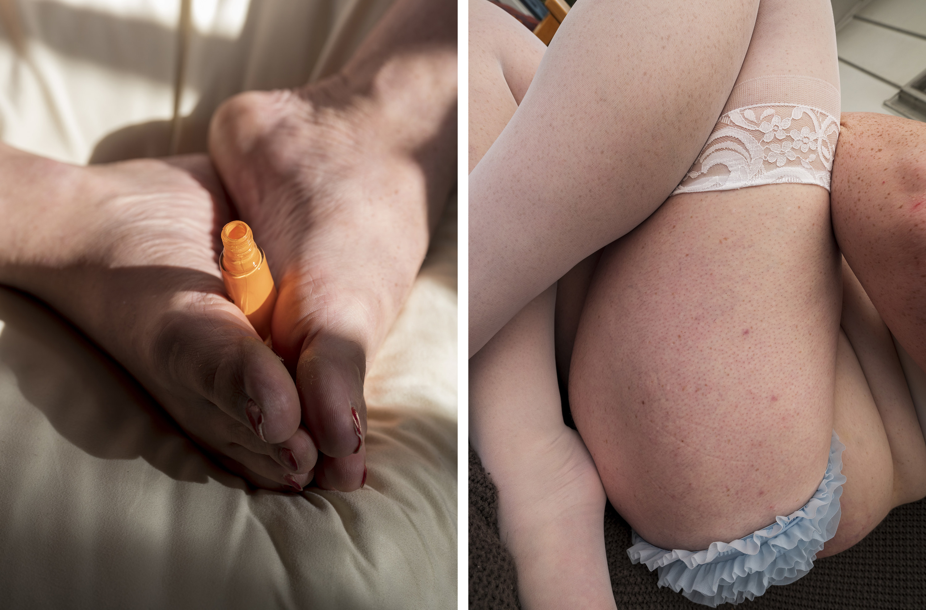 left, two feet hold an orange nail polish bottle. right, a person wearing a frilly pair of panties and lace stockings