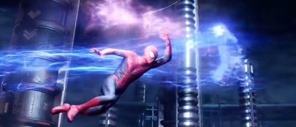 Spider-Man swinging through a power grid with Electro flying past him in &quot;The Amazing Spider-Man 2&quot;
