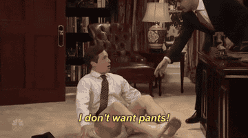 GIF of Beck Bennett from SNL on the floor yelling &quot;I don&#x27;t want pants&quot;