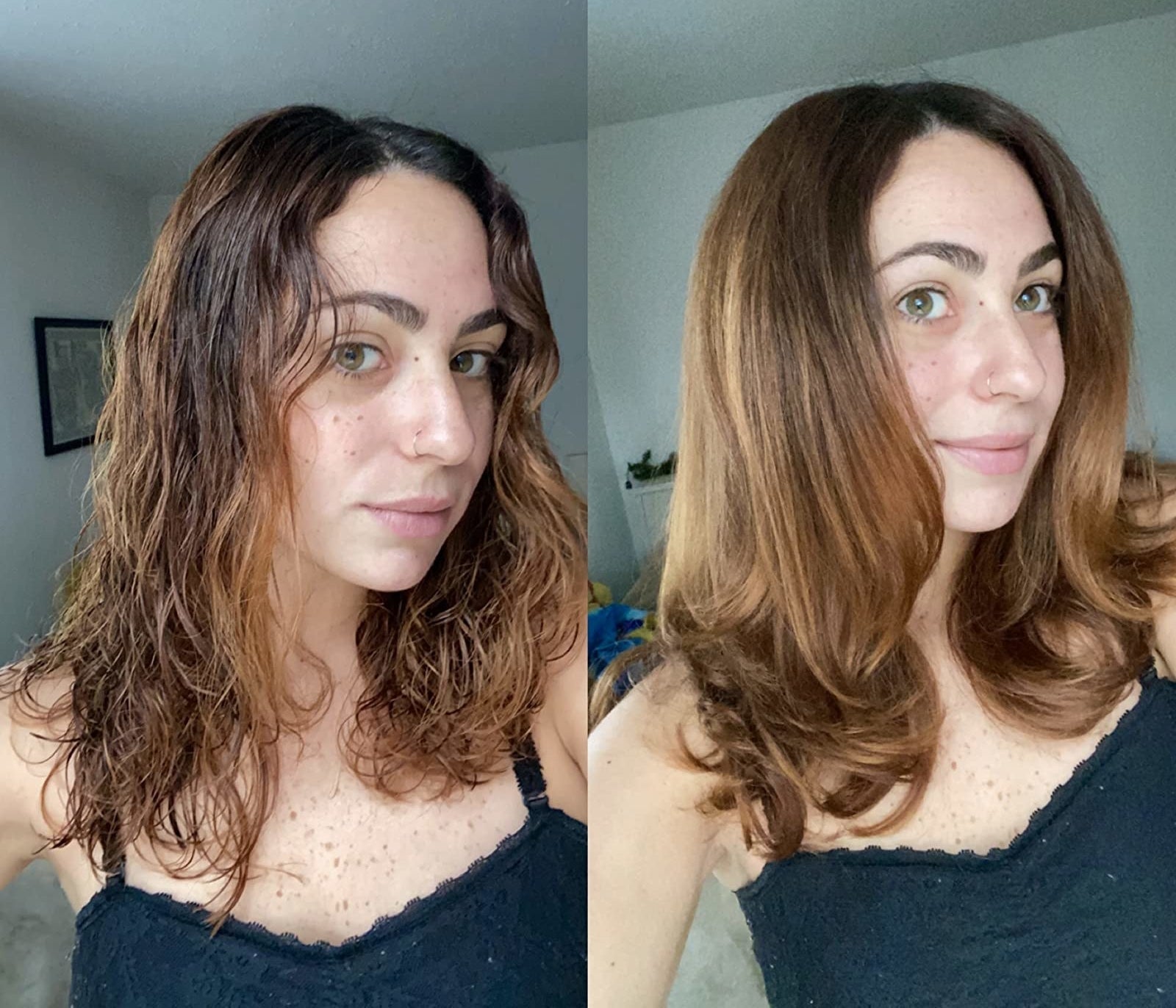 Reviewer before and after of their hair wet and then dry and styled