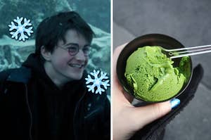 A close up of Harry Potter as he stands in the snow and an overhead shot of a hand holding a bowl of matcha gelato