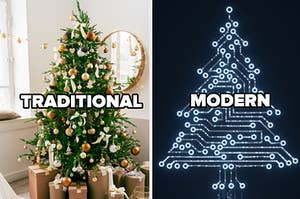 A traditionally decorated Christmas tree and a Christmas tree made of digital lights