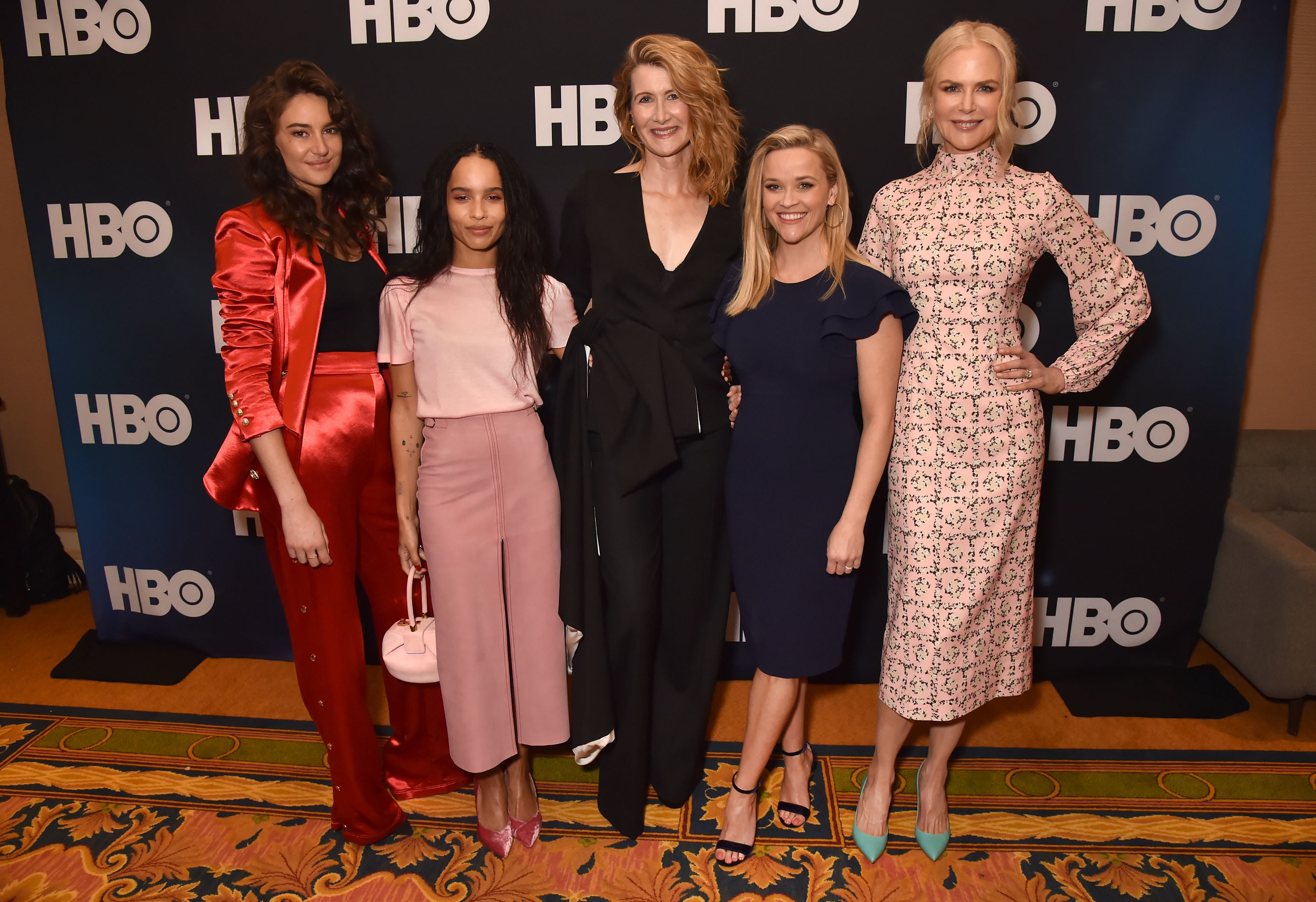 From left to right: Shailene, Zoe, Laura, Reese, and Nicole pose together for photographers at an HBO event