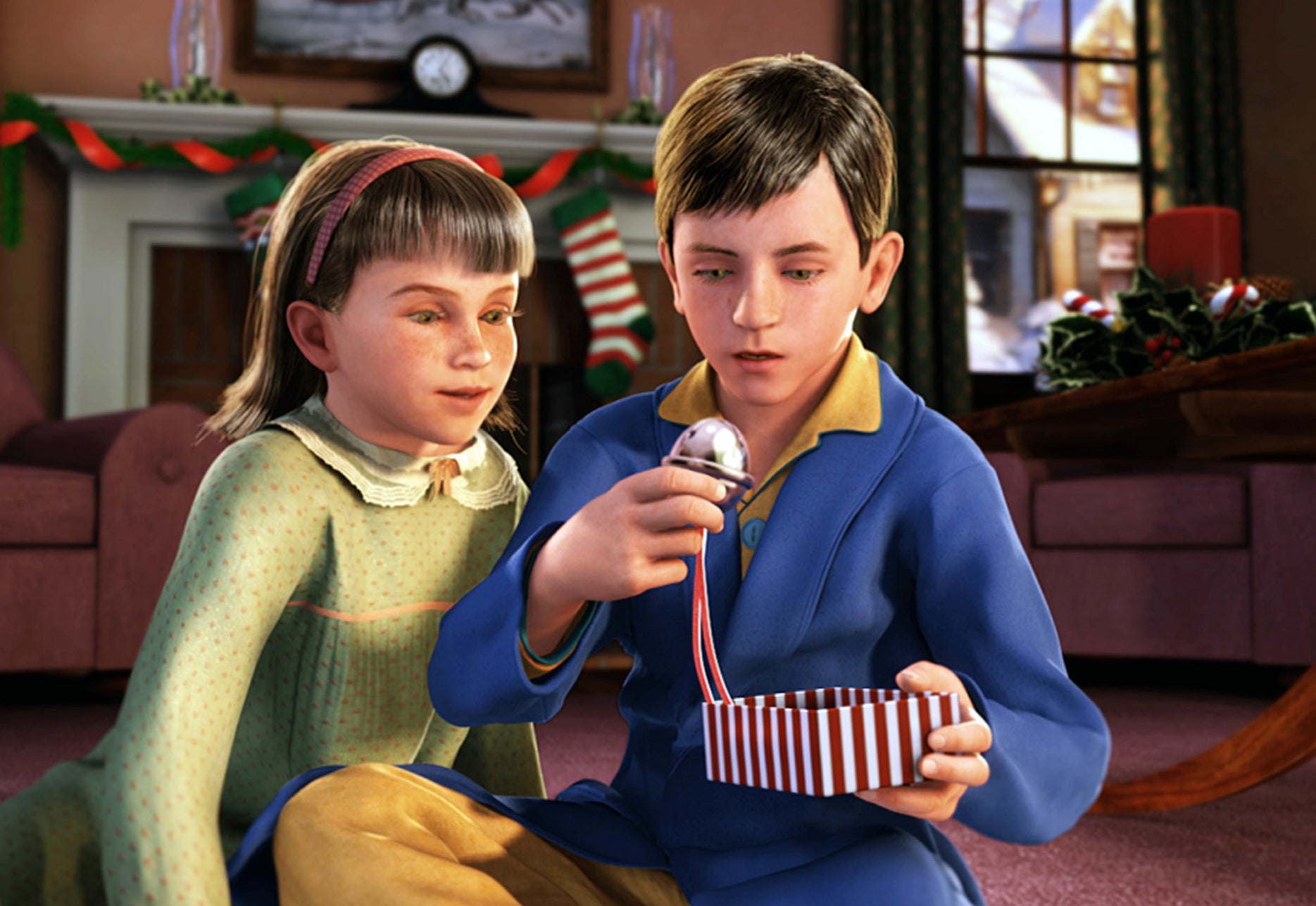 Two characters from &quot;The Polar Express&quot; open a gift box that has a bell