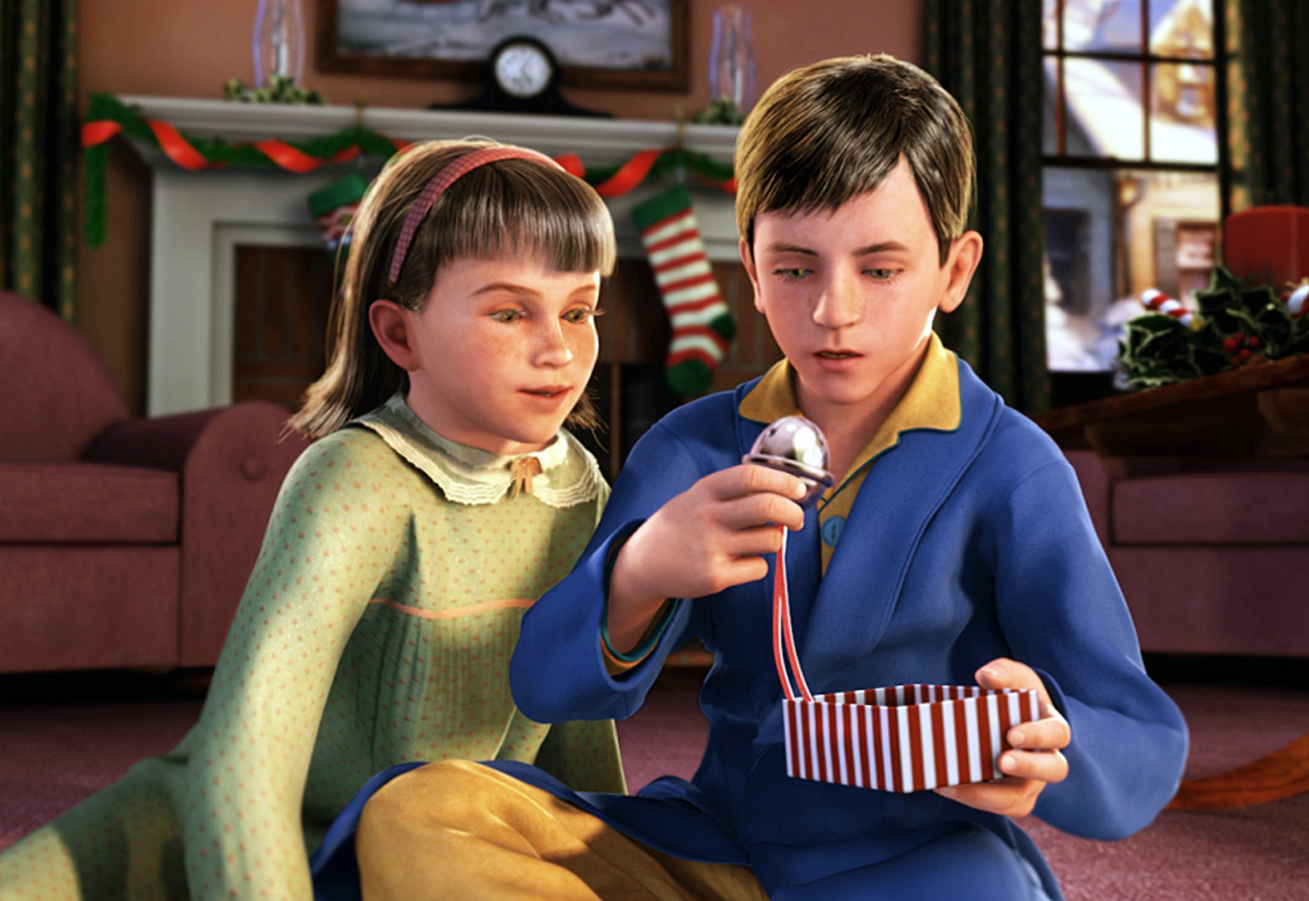 Two characters from &quot;The Polar Express&quot; open a gift box that has a bell