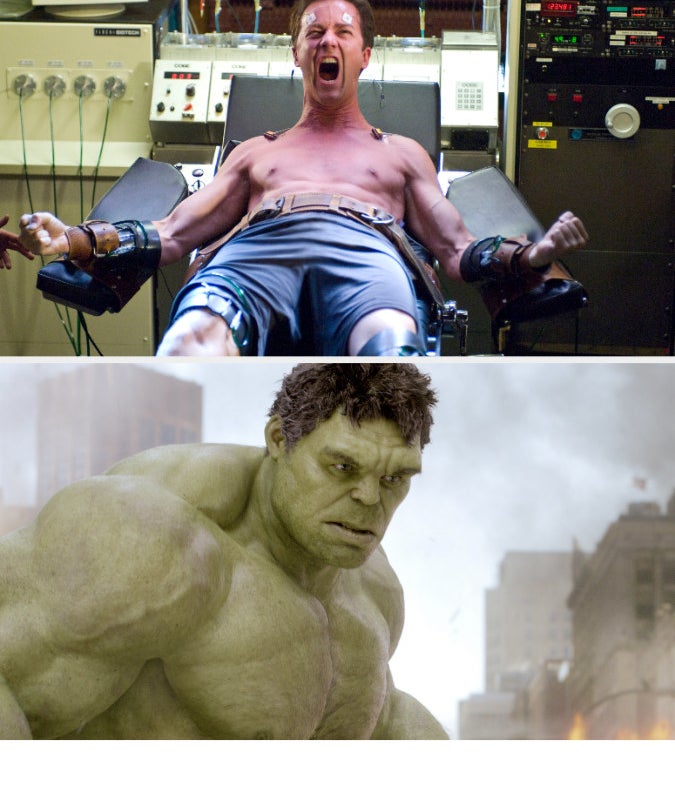 Bruce Banner being injected with serum in &quot;The Incredible Hulk&quot; and the Hulk in &quot;The Avengers&quot;