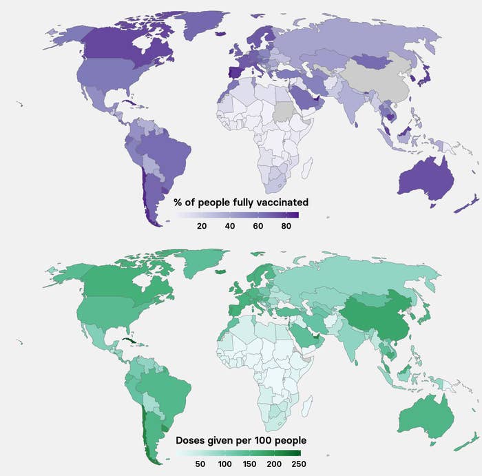 Two maps show the sparse rollout of COVID vaccines in Africa compared to the rest of the world
