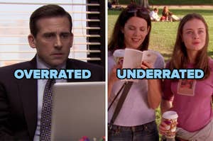 On the left, Michael from The Office labeled overrated, and on the right, Lorelai and Rory from Gilmore Girls labeled underrated