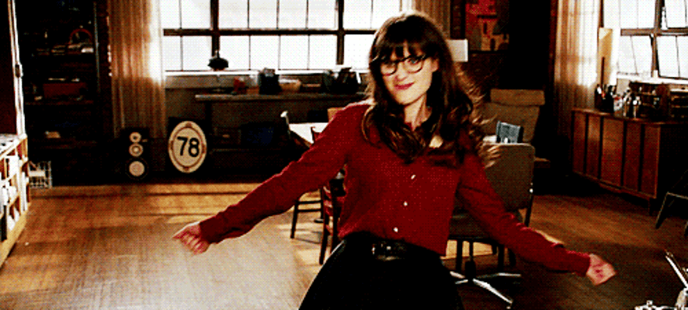 &#x27;New Girl&#x27; character Jessica Day dancing in her apartment