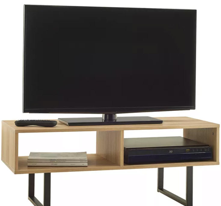 Light soft-wooden TV stand with 2 black metal stands for sturdiness. 2 Open cubbies that are also open in the back.