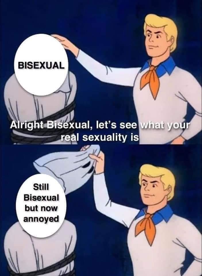 &quot;Scooby Doo&quot; meme of pulling off mask: &quot;alright bisexual let&#x27;s see what your real identity is&quot; &quot;still bisexual but now annoyed&quot;