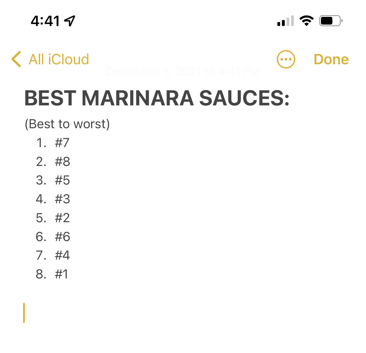 Screenshot of iPhone note with text: &quot;BEST MARINARA SAUCES&quot; listing the order, best to worst, 7, 8, 5, 3, 2, 6, 4, 1