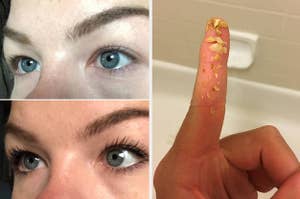L; a split image showing a reviewer before applying mascara on the top, and the same reviewer after applying mascara on the bottom, R: a reviewer finger covered in earwax